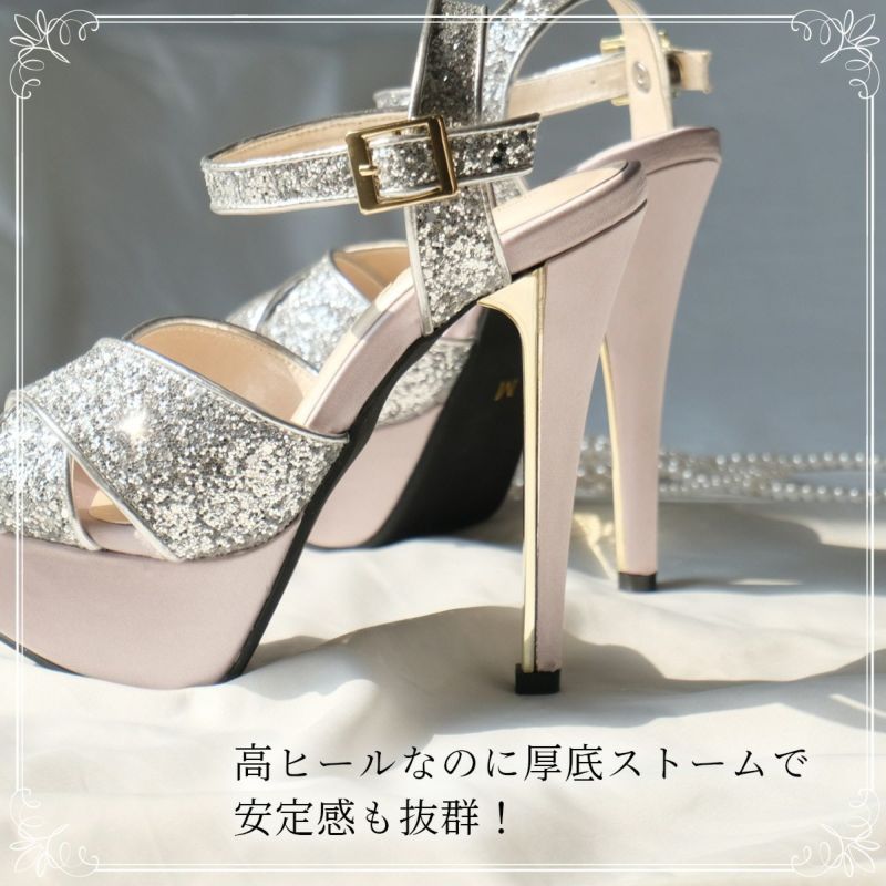 グリッターラメクロスベルト美脚ヒールサンダル レディース