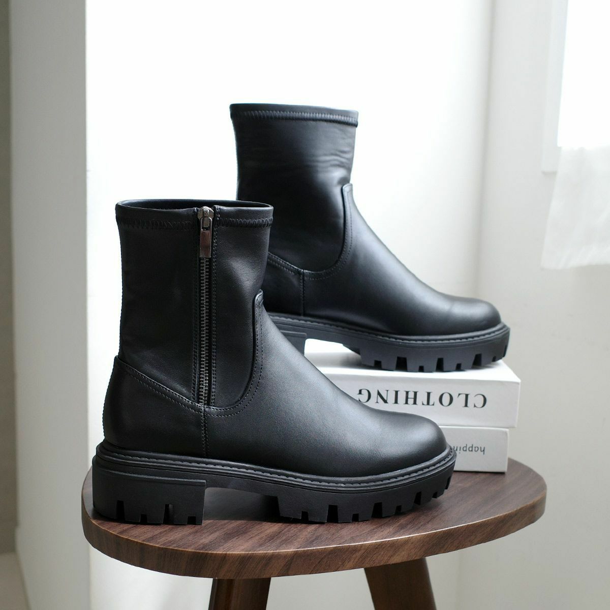 クリアランスSALE】サイドジップショートブーツストレッチ厚底トラック