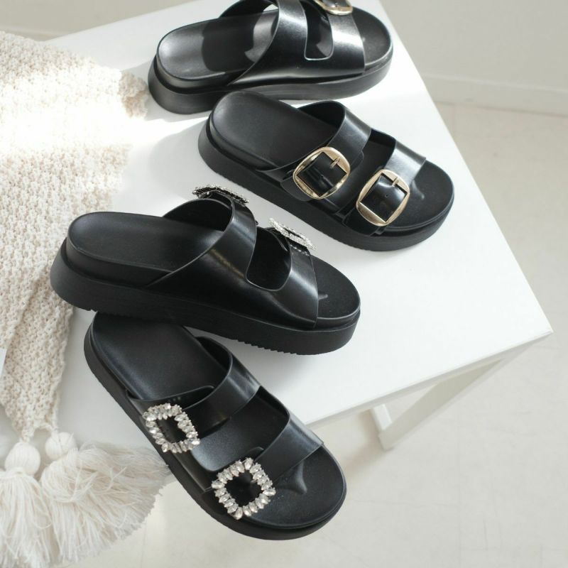 厚底ビジューバックルダブルベルトサンダルコンフォート レディース