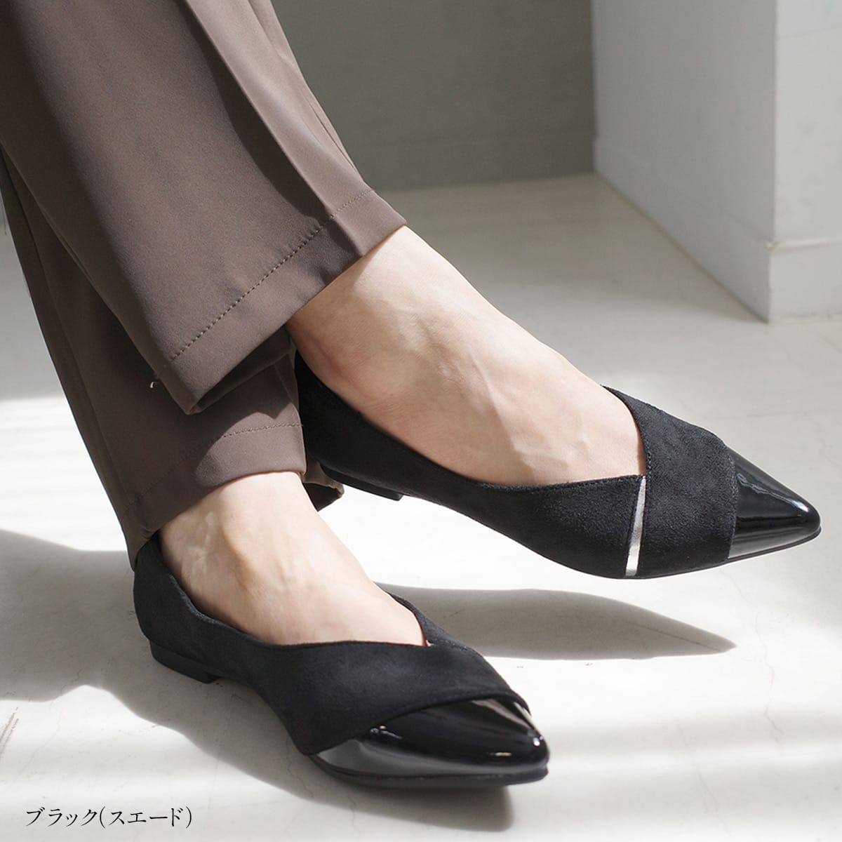 SAYA カーキブラック　ポインテッドトゥ フラットパンプス　24cm 編み込み ポインテッドトゥパンプスアシンメトリーフラットパンプス レディース